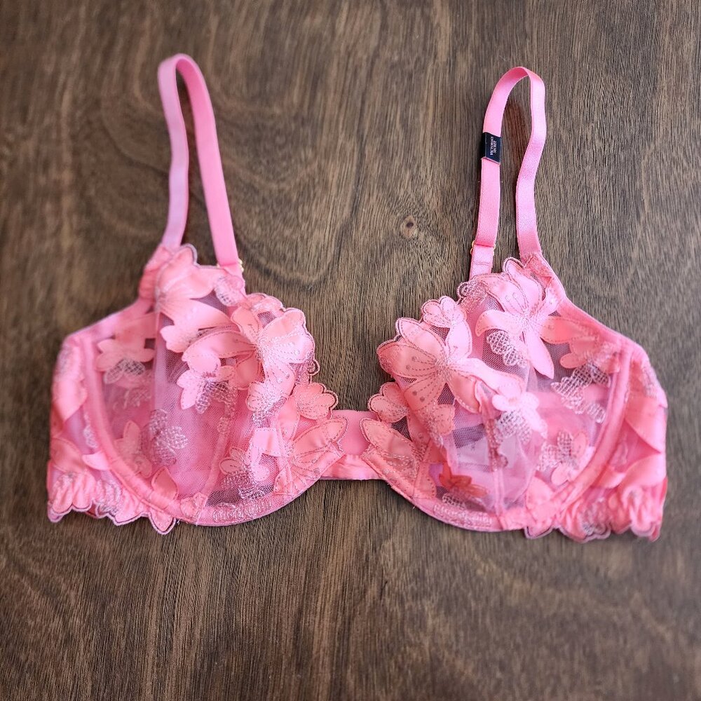 Victoria Secret Floral Mesh Underwired Bra 36C Coral Pink Coquette Romantic